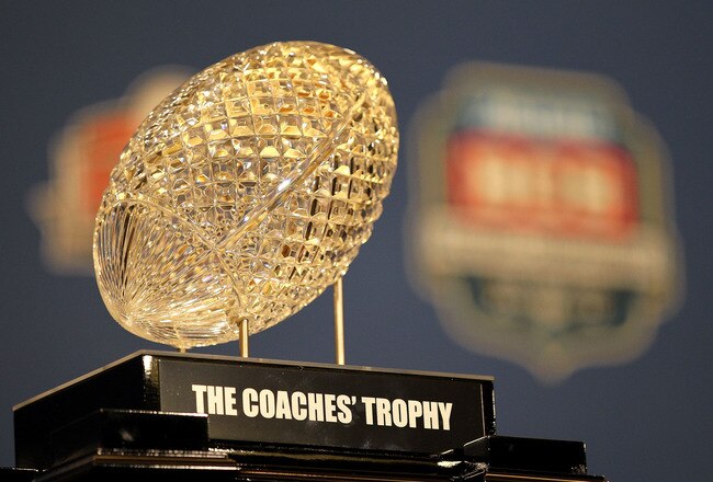 NEW ORLEANS, LA - JANUARY 10:   The Coaches' Trophy, awarded to head coach Nick Saban of the Alabama Crimson Tide after defeating Louisiana State University Tigers in the 2012 Allstate BCS National Championship Game during a press conference on January 10, 2012 in New Orleans, Louisiana.  (Photo by Andy Lyons/Getty Images)
