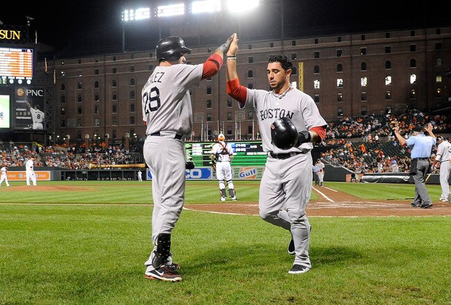 BALTIMORE, MD - SEPTEMBER 28:  Mike Aviles #3 of the Boston Red Sox celebrates with Adrian Gonzalez #28 after scoring in the third inning against the Baltimore Orioles at Oriole Park at Camden Yards on September 28, 2011 in Baltimore, Maryland.  (Photo by Greg Fiume/Getty Images)