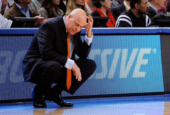 NEW YORK, NY - NOVEMBER 23:  Head coach Seth Greenberg of the Virginia Tech Hokies reacts against the Syracuse Orange during the 2011 Dick's Sporting Goods NIT Season Tip-Off at Madison Square Garden on November 23, 2011 in New York City.  (Photo by Patrick McDermott/Getty Images)
