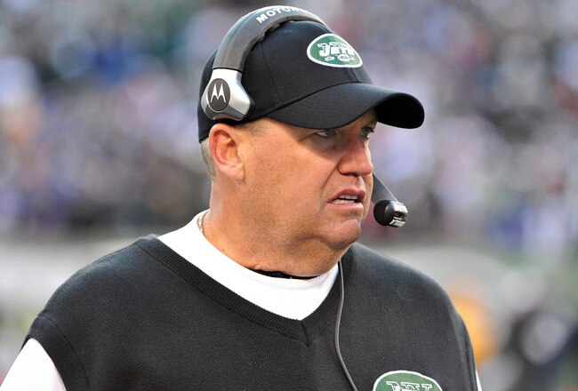 EAST RUTHERFORD, NJ - DECEMBER 24: Head coach Rex Ryan of the New York Jets looks on during the game against the New York Jets on December 24, 2011 at MetLife Stadium in East Rutherford, New Jersey. (Photo by Christopher Pasatieri/Getty Images)