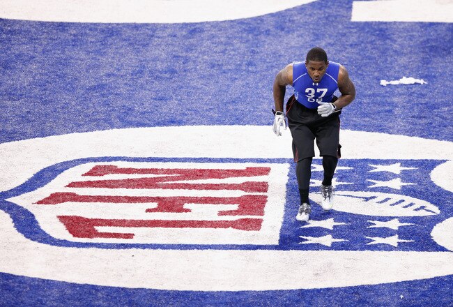INDIANAPOLIS, IN - MARCH 1: Defensive back Patrick Peterson of LSU warms up before running a drill during the 2011 NFL Scouting Combine at Lucas Oil Stadium on February 28, 2011 in Indianapolis, Indiana. (Photo by Joe Robbins/Getty Images)