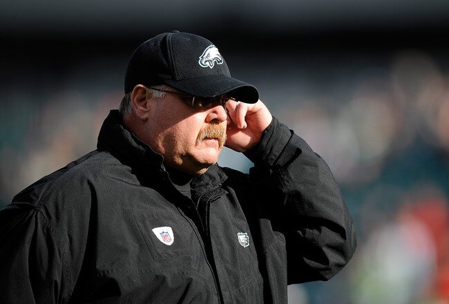 PHILADELPHIA, PA - JANUARY 01:  Head coach Andy Reid of the Philadelphia Eagles walks off the field after the Eagles warmed up before a  game against the Washington Redskins at Lincoln Financial Field on January 1, 2012 in Philadelphia, Pennsylvania.  (Photo by Patrick McDermott/Getty Images)