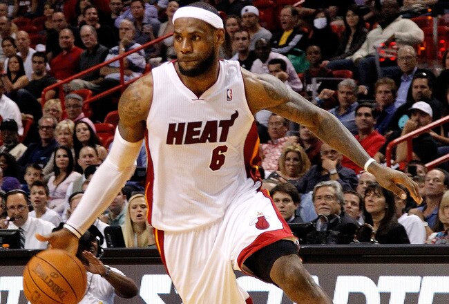 MIAMI, FL - FEBRUARY 21: LeBron James #6 of the Miami Heat drive to the basket during a game against the Sacramento Kings at American Airlines Arena on February 21, 2012 in Miami, Florida. NOTE TO USER: User expressly acknowledges and agrees that, by downloading and/or using this Photograph, User is consenting to the terms and conditions of the Getty Images License Agreement.  (Photo by Mike Ehrmann/Getty Images)