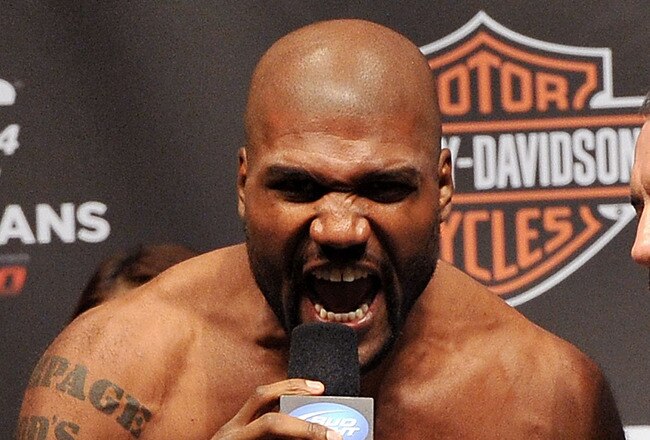 LAS VEGAS - MAY 28:  UFC fighter Quinton 'Rampage' Jackson (L) speaks to Joe Rogan (R) and the crowd about his fight against UFC fighter Rashad Evans at UFC 114: Rampage versus Rashad at the Mandalay Bay Hotel on May 28, 2010 in Las Vegas, Nevada.  (Photo by Jon Kopaloff/Getty Images)