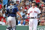 BOSTON, MA - SEPTEMBER 18: Dustin Pedroia #15 of the Boston Red Sox goes down swinging in the first inning against the Tampa Bay Rays at Fenway Park on September 18, 2011 in Boston, Massachusetts. The Rays won the game 8-5. (Photo by Darren McCollester/Getty Images)