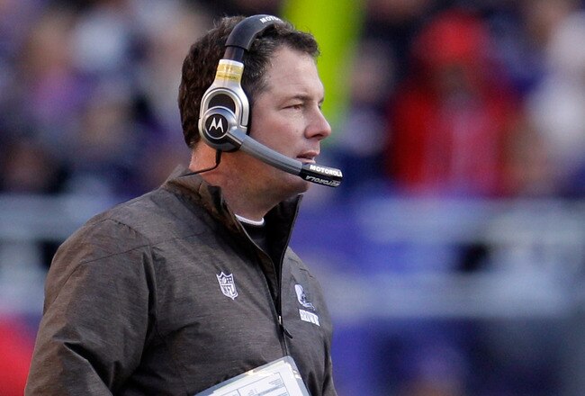 BALTIMORE, MD - DECEMBER 24: Head coach Pat Shurmur of the Cleveland Browns talks with Seneca Wallace #6 during the first half against the Baltimore Ravens at M&T Bank Stadium on December 24, 2011 in Baltimore, Maryland.  (Photo by Rob Carr/Getty Images)