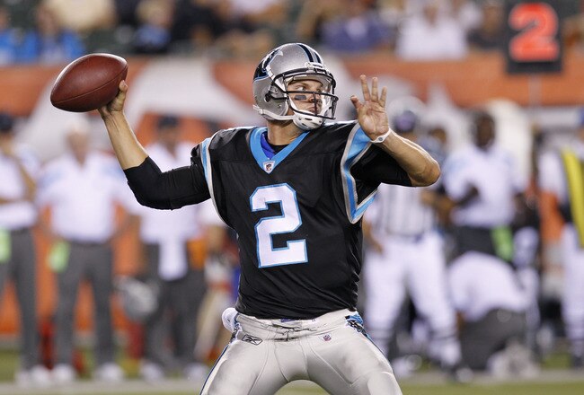 CINCINNATI, OH - AUGUST 25: Jimmy Clausen #2 of the Carolina Panthers throws a pass during an NFL preseason game against the Cincinnati Bengals at Paul Brown Stadium on August 25, 2011 in Cincinnati, Ohio. The Bengals won 24-13. (Photo by Joe Robbins/Getty Images)