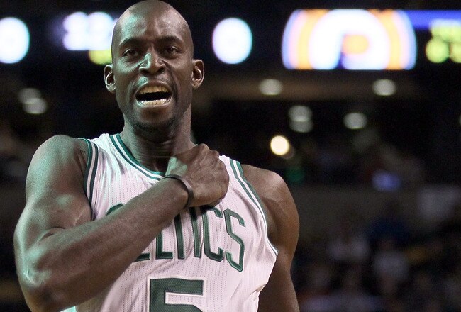 BOSTON, MA - JANUARY 06:  Kevin Garnett #5 of the Boston Celtics gets himself and the crowd going before the game against the Indiana Pacers on January 6, 2012 at TD Garden in Boston, Massachusetts. NOTE TO USER: User expressly acknowledges and agrees that, by downloading and or using this photograph, User is consenting to the terms and conditions of the Getty Images License Agreement.  (Photo by Elsa/Getty Images)