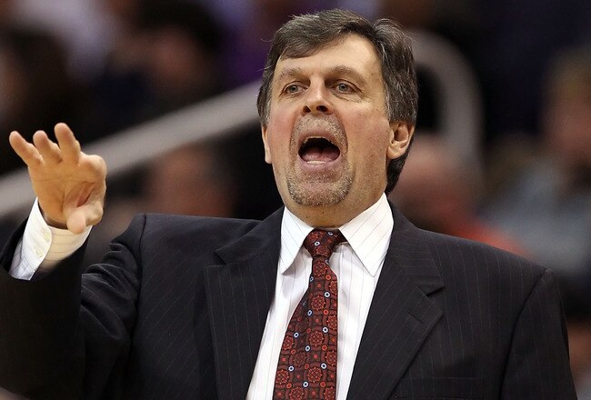 PHOENIX, AZ - FEBRUARY 09:  Head coach Kevin McHale of the Houston Rockets reacts during the NBA game against the Phoenix Suns at US Airways Center on February 9, 2012 in Phoenix, Arizona.  The Rockets defeated the Suns 96-89. NOTE TO USER: User expressly acknowledges and agrees that, by downloading and or using this photograph, User is consenting to the terms and conditions of the Getty Images License Agreement.  (Photo by Christian Petersen/Getty Images)