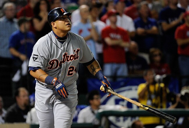 ARLINGTON, TX - OCTOBER 15:  Miguel Cabrera #24 of the Detroit Tigers watches his solo home run in the first inning of Game Six of the American League Championship Series against the Texas Rangers at Rangers Ballpark in Arlington on October 15, 2011 in Arlington, Texas.  (Photo by Kevork Djansezian/Getty Images)