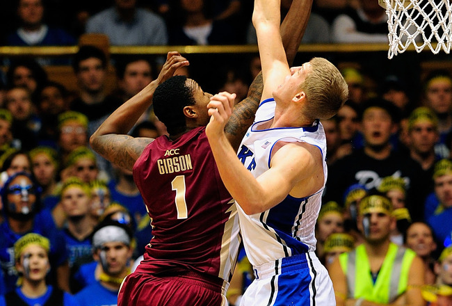 DURHAM, NC - JANUARY 21:  Xavier Gibson #1 of the Florida State Seminoles scores against Mason Plumlee #5 of the Duke Blue Devils during play at Cameron Indoor Stadium on January 21, 2012 in Durham, North Carolina.  (Photo by Grant Halverson/Getty Images)