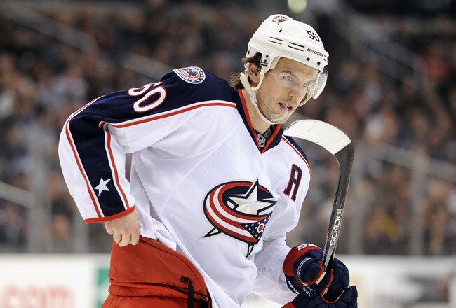 LOS ANGELES, CA - FEBRUARY 01:  Antoine Vermette #50 of the Columbus Blue Jackets before a faceoff against the Los Angeles Kings at Staples Center on February 1, 2012 in Los Angeles, California.  (Photo by Harry How/Getty Images)