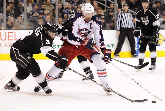 LOS ANGELES, CA - FEBRUARY 01:  Rick Nash #61 of the Columbus Blue Jackets breaks in on Jack Johnson #3 of the Los Angeles Kings during the game at Staples Center on February 1, 2012 in Los Angeles, California.  (Photo by Harry How/Getty Images)