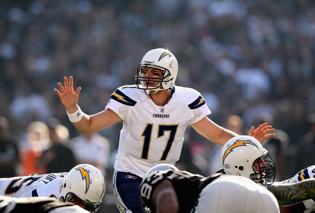 OAKLAND, CA - JANUARY 01:  Philip Rivers #17 of the San Diego Chargers in action against the Oakland Raiders at O.co Coliseum on January 1, 2012 in Oakland, California.  (Photo by Ezra Shaw/Getty Images)