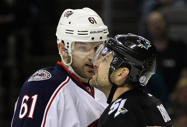 SAN JOSE, CA - JANUARY 05:  Rick Nash #61 of the Columbus Blue Jackets has words with Dan Boyle #22 of the San Jose Sharks during their game at HP Pavilion at San Jose on January 5, 2012 in San Jose, California.  (Photo by Ezra Shaw/Getty Images)