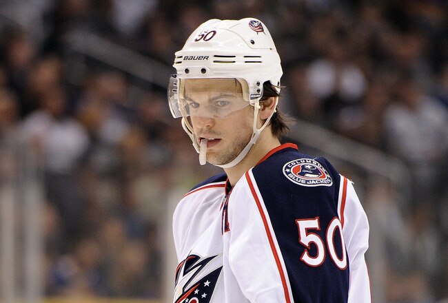 LOS ANGELES, CA - FEBRUARY 01:  Antoine Vermette #50 of the Columbus Blue Jackets before a faceoff against the Los Angeles Kings at Staples Center on February 1, 2012 in Los Angeles, California.  (Photo by Harry How/Getty Images)