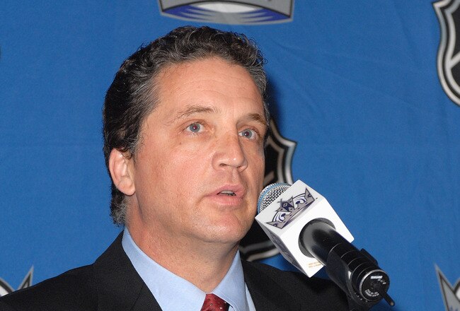 EL SEGUNDO, CA - JULY 5:  General Manager Dean Lombardi of the Los Angeles Kings speaks to the media during the press announcement that former Los Angeles Kings defenseman Rob Blake has agreed to a two-year contract with the team on July 5, 2006 at the Toyota Sports Center in El Segundo, California. Rob Blake was drafted by the Kings in 1988 and played with the team until 2001 when he was traded to the Colorado Avalanche. (Photo by Andrew D. Bernstein/Getty Images)
