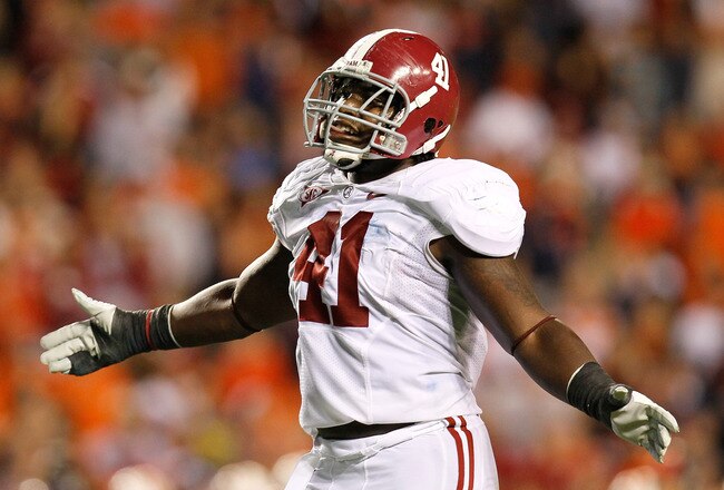 AUBURN, AL - NOVEMBER 26:  Courtney Upshaw #41 of the Alabama Crimson Tide reacts after a defensive stop against the Auburn Tigers at Jordan-Hare Stadium on November 26, 2011 in Auburn, Alabama.  (Photo by Kevin C. Cox/Getty Images)