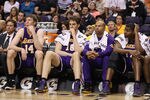 PHOENIX, AZ - FEBRUARY 19:  (L-R) Troy Murphy #14, Pau Gasol #18, Derek Fisher #2 and Andrew Bynum #17 of the Los Angeles Lakers react on the bench during the final moments of the NBA game against the Phoenix Suns at US Airways Center on February 19, 2012 in Phoenix, Arizona. The Suns defeated the Lakers 102-90.  NOTE TO USER: User expressly acknowledges and agrees that, by downloading and or using this photograph, User is consenting to the terms and conditions of the Getty Images License Agreement.  (Photo by Christian Petersen/Getty Images)
