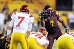 TEMPE, AZ - SEPTEMBER 24:   Vontaze Burfict #7 of the Arizona State Sun Devils points and yells at quarterback Matt Barkley #7 of the University of Southern California Trojans just prior to a play at Sun Devil Stadium on September 24, 2011 in Tempe, Arizona.  (Photo by Norm Hall/Getty Images)