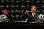 ALAMEDA, CA - JANUARY 18:  New Oakland Raiders coach Hue Jackson (L) looks on as Raiders owner Al Davis speaks during a press conference on January 18, 2011 in Alameda, California. Hue Jackson was introduced as the new coach of the Oakland Raiders, replacing the fired Tom Cable.  (Photo by Justin Sullivan/Getty Images)