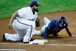 MILWAUKEE, WI - JUNE 22: Prince Fielder #28 of the Milwaukee Brewers tags out Sean Rodriguez #1 of the Tampa Bay Rays at Miller Park on June 22, 2011 in Milwaukee, Wisconsin. (Photo by Scott Boehm/Getty Images)