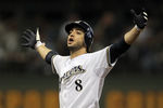 MILWAUKEE, WI - OCTOBER 07:  Ryan Braun #8 of the Milwaukee Brewers reacts after hitting a double in the sixth inning off pitcher Ian Kennedy #31 of the Arizona Diamondbacks in Game Five of the National League Division Series at Miller Park on October 7, 2011 in Milwaukee, Wisconsin.  (Photo by Jonathan Daniel/Getty Images)