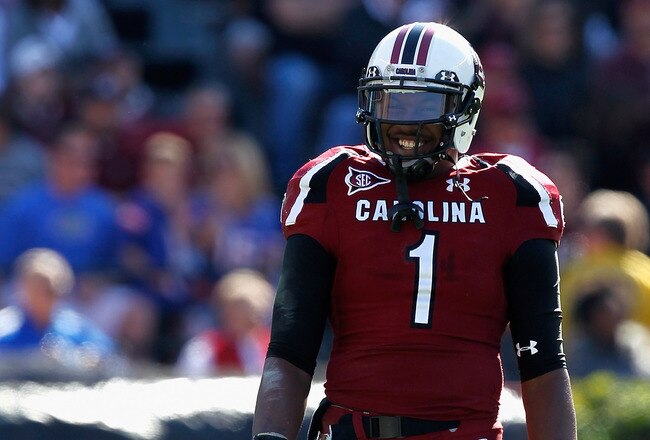 COLUMBIA, SC - NOVEMBER 12:  Alshon Jeffery #1 of the South Carolina Gamecocks smiles as he lines up for a play against the Florida Gators during their game at Williams-Brice Stadium on November 12, 2011 in Columbia, South Carolina.  (Photo by Streeter Lecka/Getty Images)