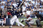 MILWAUKEE, WI - OCTOBER 09:  Ryan Braun #8 of the Milwaukee Brewers hits a 2-RBI ground rule double in the bottom of the fifth inning against the St. Louis Cardinals during Game one of the National League Championship Series at Miller Park on October 9, 2011 in Milwaukee, Wisconsin.  (Photo by Christian Petersen/Getty Images)