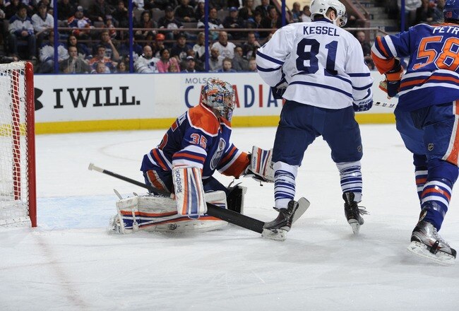 EDMONTON, CANADA - FEBRUARY 15: Nikolai Khabibulin #35 of the Edmonton Oilers of the Toronto Maple Leafs on February 15, 2012 at the Rexall Place in Edmonton, Alberta, Canada. (Photo by Dale MacMillan/Getty Images)