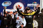 DAYTONA BEACH, FL - FEBRUARY 25:  James Buescher, driver of the #30 Fraternal Order of Eagles Chevrolet, celebrates in Victory Lane after winning the NASCAR Nationwide Series DRIVE4COPD 300 at Daytona International Speedway on February 25, 2012 in Daytona Beach, Florida.  (Photo by Jerry Markland/Getty Images for NASCAR)