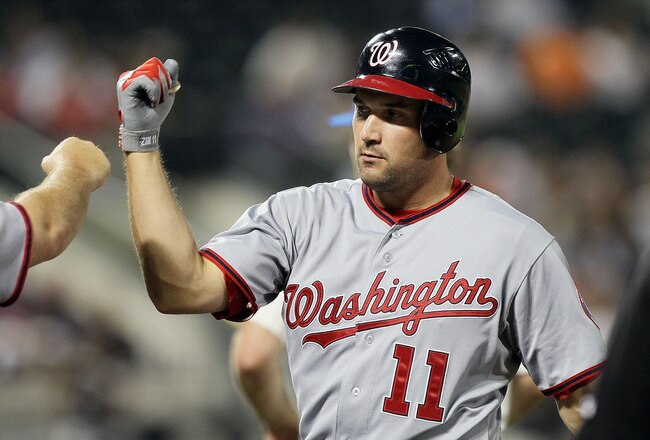 NEW YORK, NY - SEPTEMBER 13:  Ryan Zimmerman #11 of the Washington Nationals celebrates his seventh inning RBI single against the New York Mets at Citi Field on September 13, 2011 in the Flushing neighborhood of the Queens borough of New York City.  (Photo by Jim McIsaac/Getty Images)