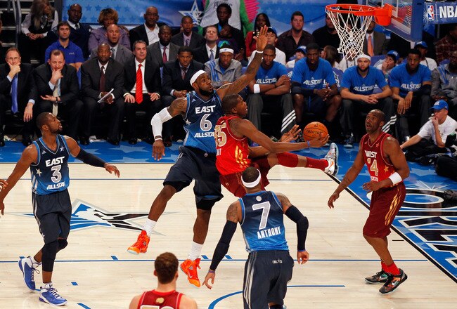 ORLANDO, FL - FEBRUARY 26:  Kevin Durant #35 of the Oklahoma City Thunder and the Western Conference drives for a shot attempt against LeBron James #6 of the Miami Heat and the Eastern Conference during the 2012 NBA All-Star Game at the Amway Center on February 26, 2012 in Orlando, Florida.  NOTE TO USER: User expressly acknowledges and agrees that, by downloading and or using this photograph, User is consenting to the terms and conditions of the Getty Images License Agreement.  (Photo by Mike Ehrmann/Getty Images)