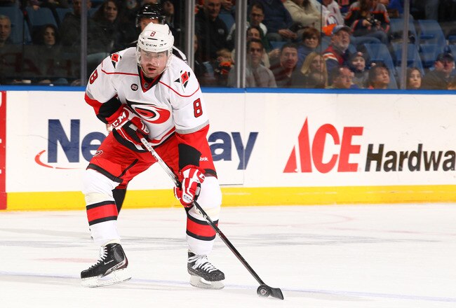 UNIONDALE, NY - FEBRUARY 18: Jaroslav Spacek #8 of the Carolina Hurricanes  in action against the New York Islanders during their game on February 18, 2012 at the Nassau Coliseum in Uniondale, New York.  (Photo by Al Bello/Getty Images)