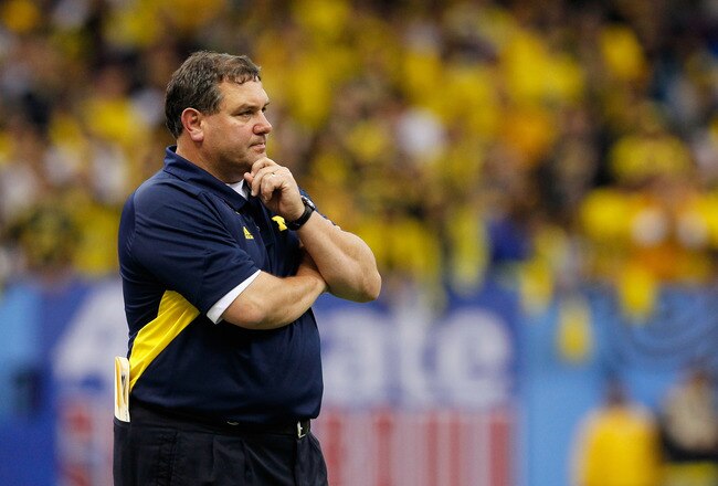 NEW ORLEANS, LA - JANUARY 03:  Head coach Brady Hoke of the Michigan Wolverines looks on against the Virginia Tech Hokies during the Allstate Sugar Bowl at Mercedes-Benz Superdome on January 3, 2012 in New Orleans, Louisiana.  (Photo by Kevin C. Cox/Getty Images)