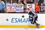 PITTSBURGH, PA - FEBRUARY 26:  Columbus Blue Jackets fans in Pittsburgh show their support for Rick Nash #61 of the Columbus Blue Jackets as Nash warms up before a game against the Pittsburgh Penguins on February 26, 2012 at CONSOL Energy Center in Pittsburgh, Pennsylvania.  (Photo by Jamie Sabau/Getty Images)