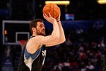 ORLANDO, FL - FEBRUARY 25:  Kevin Love of the Minnesota Timberwolves competes during the Foot Locker Three-Point Contest part of 2012 NBA All-Star Weekend at Amway Center on February 25, 2012 in Orlando, Florida.  NOTE TO USER: User expressly acknowledges and agrees that, by downloading and or using this photograph, User is consenting to the terms and conditions of the Getty Images License Agreement.  (Photo by Mike Ehrmann/Getty Images)