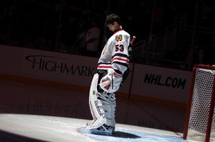 PITTSBURGH, PA - SEPTEMBER 22:  Alexander Salak #53 of the Chicago Blackhawks stands during the National Anthem against hte Pittsburgh Penguins before a preseason game at Consol Energy Center on September 22, 2011 in Pittsburgh, Pennsylvania.  (Photo by Justin K. Aller/Getty Images)
