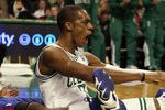 BOSTON, MA - FEBRUARY 15:  Rajon Rondo #9 of the Boston Celtics reacts after he draws the foul in the first quarter against the Detroit Pistons on February 15, 2012 at TD Garden in Boston, Massachusetts. NOTE TO USER: User expressly acknowledges and agrees that, by downloading and or using this photograph, User is consenting to the terms and conditions of the Getty Images License Agreement.  (Photo by Elsa/Getty Images)