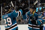 SAN JOSE, CA - DECEMBER 28:  Logan Couture #39 of the San Jose Sharks celebrates with Ryane Clowe #29 after scoring a goal against the Vancouver Canucks at HP Pavilion at San Jose on December 28, 2011 in San Jose, California.  (Photo by Thearon W. Henderson/Getty Images)