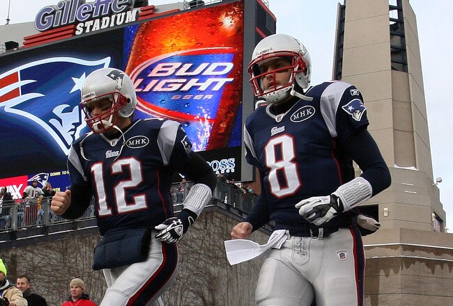 FOXBORO, MA - JANUARY 22:  Tom Brady #12 and  Brian Hoyer #8 of the New England Patriots take the field prior to their AFC Championship Game against the Baltimore Ravens at Gillette Stadium on January 22, 2012 in Foxboro, Massachusetts.  (Photo by Jim Rogash/Getty Images)