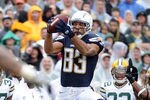 SAN DIEGO, CA - NOVEMBER 06:  Vincent Jackson #83 of the San Diego Chargers jumps for a catch against the Green Bay Packers at Qualcomm Stadium on November 6, 2011 in San Diego, California.  (Photo by Harry How/Getty Images)