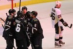DALLAS, TX - FEBRUARY 29:  (L-R) Mark Fistric #28, Adam Burish #16, Steve Ott #29, Jamie Benn #14 and Trevor Daley #6 of the Dallas Stars celebrate a goal in front of Steve Sullivan #26 of the Pittsburgh Penguins at American Airlines Center on February 29, 2012 in Dallas, Texas.  (Photo by Ronald Martinez/Getty Images)