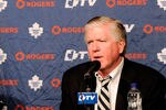 MONTREAL, CANADA - MARCH 3:  Toronto Maple Leafs General Manger Brian Burke (R) introduces new head coach Randy Carlyle at a press conference at the Bell Centre on March 3, 2012 in Montreal, Quebec, Canada.  (Photo by Richard Wolowicz/Getty Images)