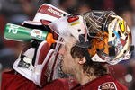 GLENDALE, AZ - FEBRUARY 28:  Goaltender Mike Smith #41 of the Phoenix Coyotes sprays water from a gatorade bottle during the NHL game against the Vancouver Canucks at Jobing.com Arena on February 28, 2012 in Glendale, Arizona.  The Coyotes defeated the Canucks 2-1 in an overtime shootout.  (Photo by Christian Petersen/Getty Images)