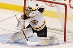 WINNIPEG, CANADA - FEBRUARY 17: Tuukka Rask #40 of the Boston Bruins ducks as a shot taken by Alexander Burmistrov #8 of the Winnipeg Jets flies past him into the net in NHL action at the MTS Centre on February 17, 2012 in Winnipeg, Manitoba, Canada. (Photo by Marianne Helm/Getty Images)
