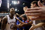LAWRENCE, KS - FEBRUARY 25:  Thomas Robinson #0 of the Kansas Jayhawks reacts after the Jayhawks defeated the Missouri Tigers 87-86 to win the game on February 25, 2012 at Allen Fieldhouse in Lawrence, Kansas.  (Photo by Jamie Squire/Getty Images)