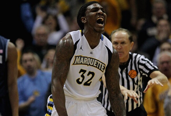 MILWAUKEE, WI - MARCH 03:  Jae Crowder #32 of the Marquette Golden Eagles celebrtaes hitting a shot and being fouled against the Georgetown Hoyas at the Bradley Center on March 3, 2012 in Milwaukee, Wisconsin. Marquette defeated Georgetown 83-69.  (Photo by Jonathan Daniel/Getty Images)