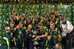ADELAIDE, AUSTRALIA - MARCH 08:  Australian players celebrate with the trophy after winning the third One Day International Final series match between Australia and Sri Lanka at Adelaide Oval on March 8, 2012 in Adelaide, Australia.  (Photo by Cameron Spencer/Getty Images)