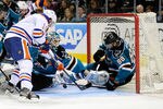 SAN JOSE, CA - MARCH 06:  Goaltender Antti Niemi #31 of the San Jose Sharks gets help from teammate Brent Burns stopping the rebound shot of Shawn Horcoff #10 of the Edmonton Oilers in the third period of an NHL hockey game at HP Pavilion at San Jose on March 6, 2012 in San Jose, California. The Oilers won the game 3-2 in a shoot-out. (Photo by Thearon W. Henderson/Getty Images)